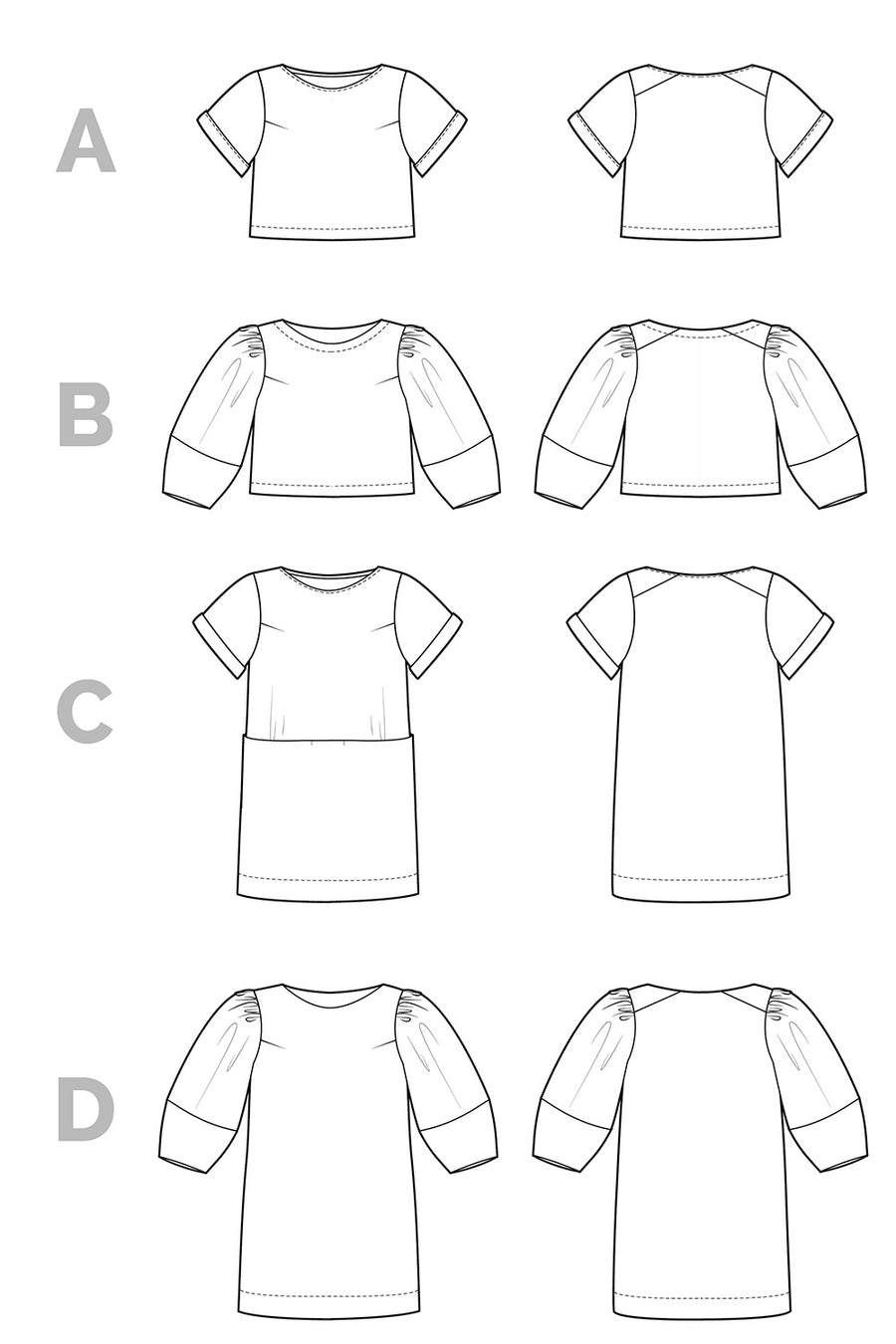 Cielo Top & Dress Sewing Pattern - Technical flats | Closet Core Patterns
