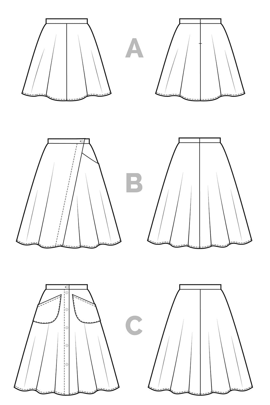Fiore Skirt Sewing Pattern - Flared A-line skirt pattern - Technical Flats | Closet Core Patterns