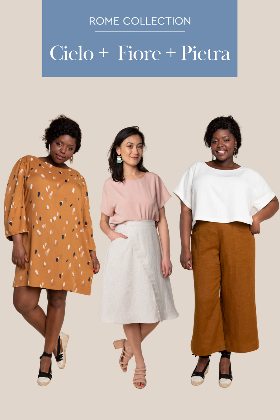 Rome Collection Patterns | Cielo Top, Fiore Skirt and Pietra Pants | Closet Core Patterns
